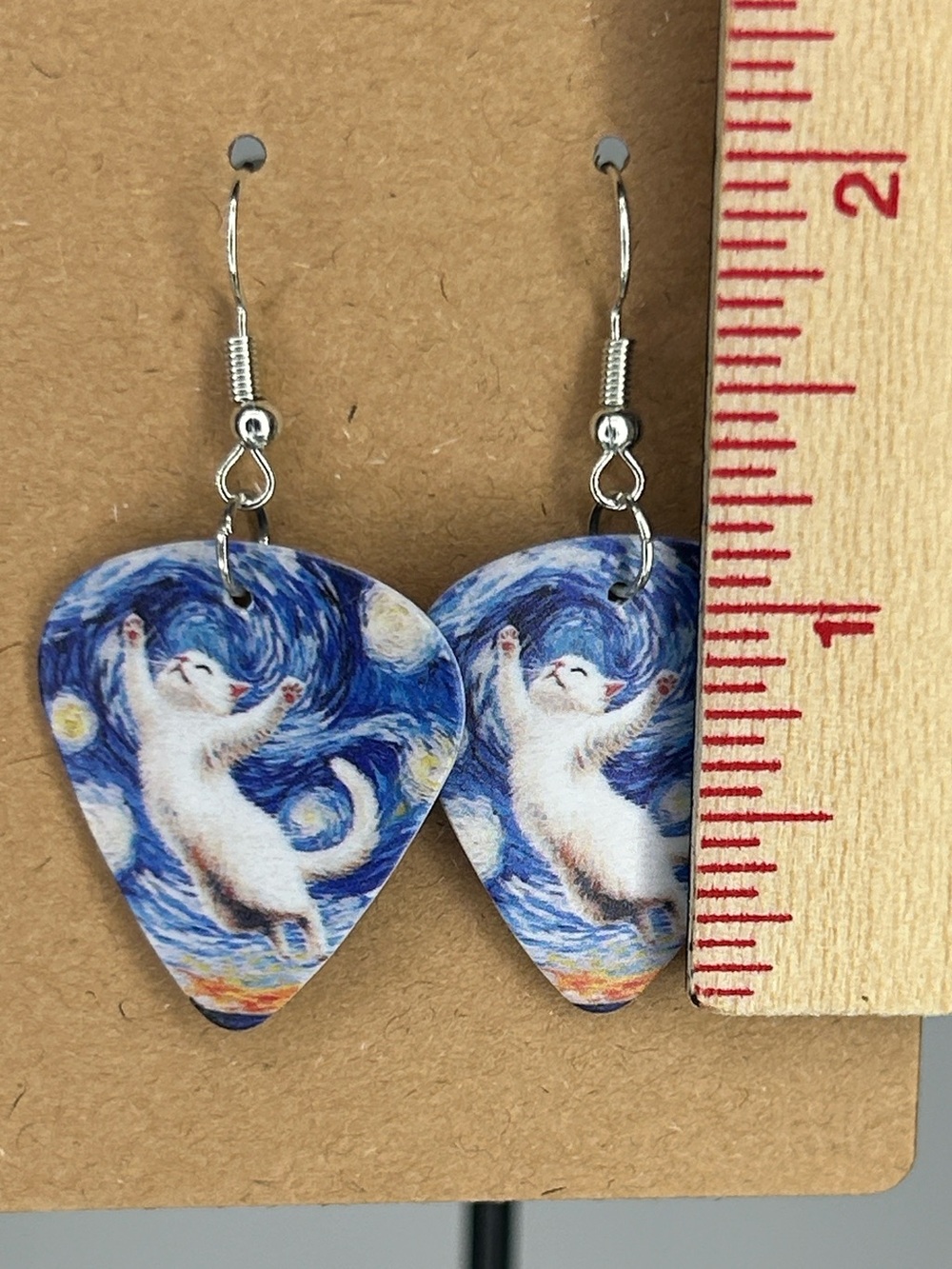 Starry Night Cat Custom Guitar Pick Drop Earrings - Blue & White Fashion Jewelry - Picture 2 of 3